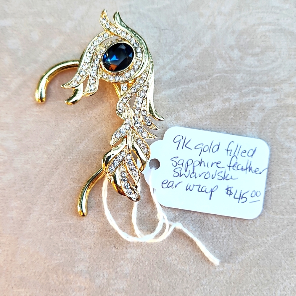 Single ear wrap for L ear 9K gold w blue,  clear Swarovski crystals. NWT! - Picture 2 of 3